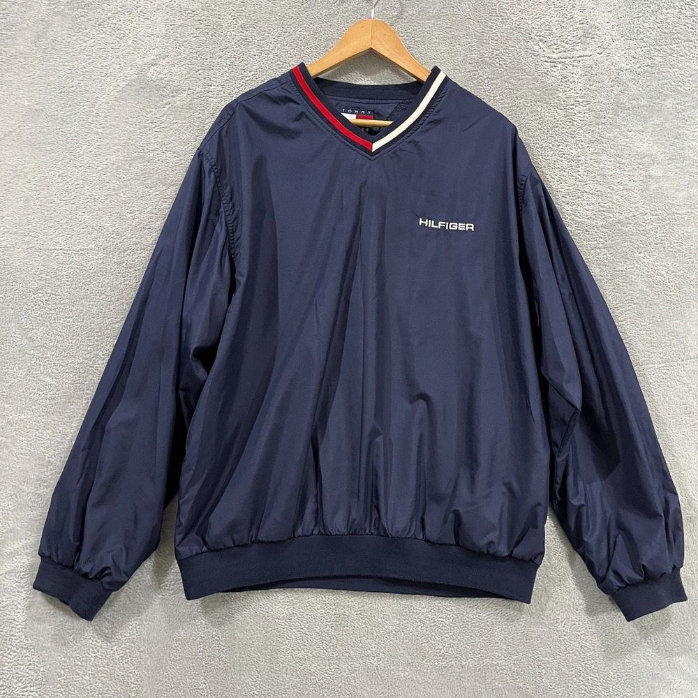 Vtg Tommy Hilfiger Windbreaker Jacket Mens M Navy Mesh Lined V-Neck Pullover